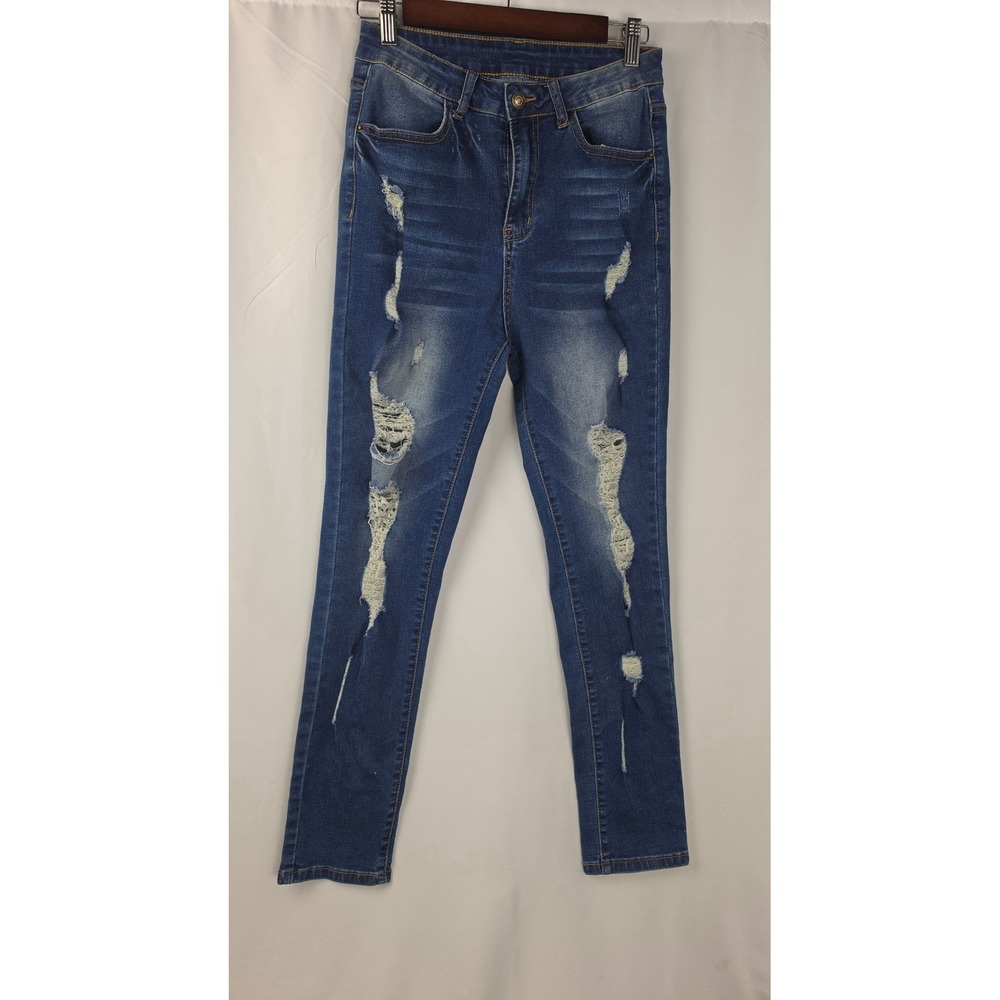 Distressed High Rise Skinny Jeans Medium Wash Ripped Blue Denim Size 8